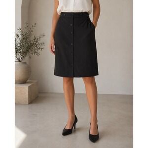 Ann Taylor Black Button Front Stretch Pencil Skirt Size 4 Rayon Spandex Knee